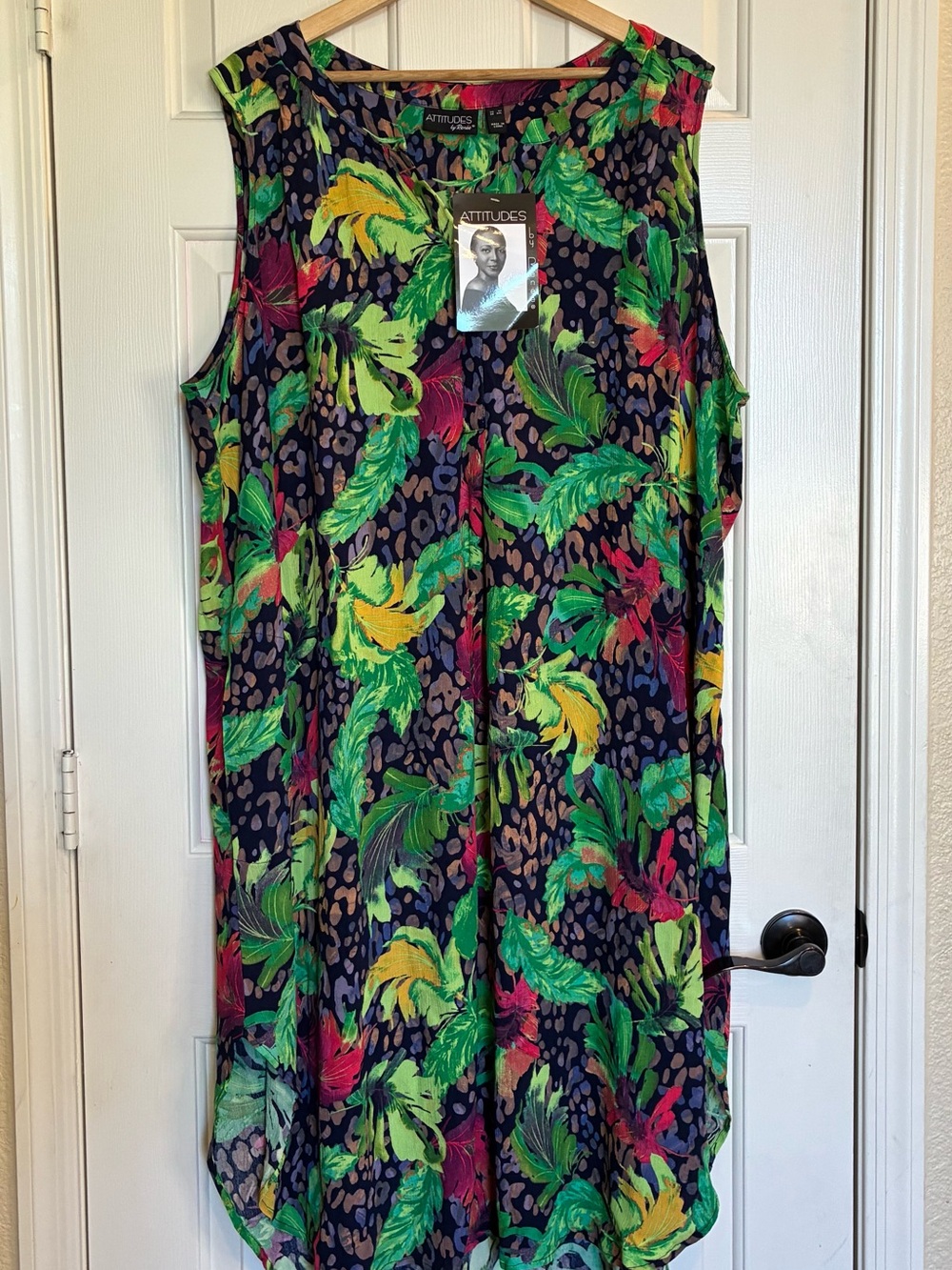 Attitudes by Renee Navy Dress with Green, Red and Pink Tropical Print